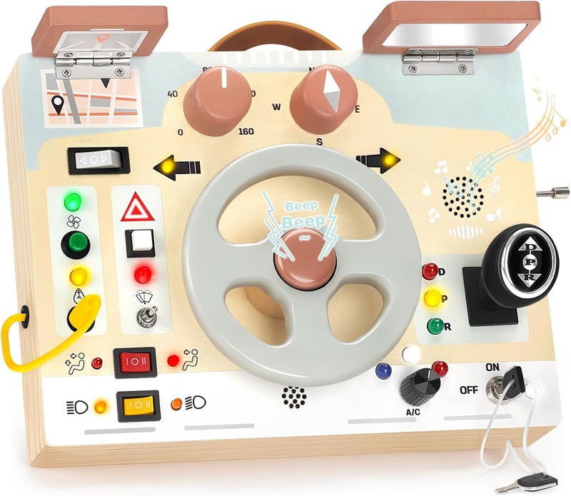 Joyreal Montessori Toddler Busy Board - ألعاب مونتيسوري للأطفال من عمر 1-3 سنوات، لوحة حسية خشبية مع أضواء LED، عجلة قيادة، مشغل موسيقى، ألعاب سفر للأولاد والبنات بعمر سنة فما فوق هدية عيد ميلاد - Image 1