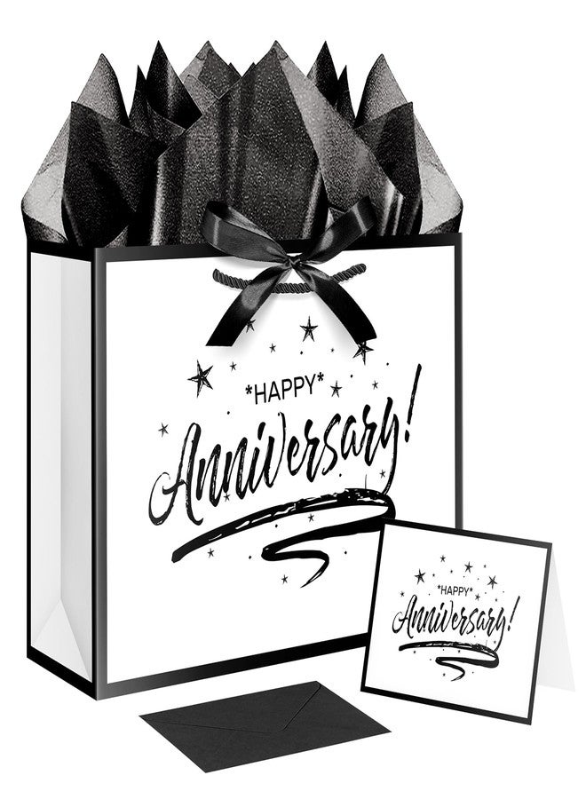 XiaosRen Happy Anniversary Bag with Tissue Papers and Card, White Black Gift Bag with Ribbon for Men Women Anniversary Party Supplies (Star) - Image 1