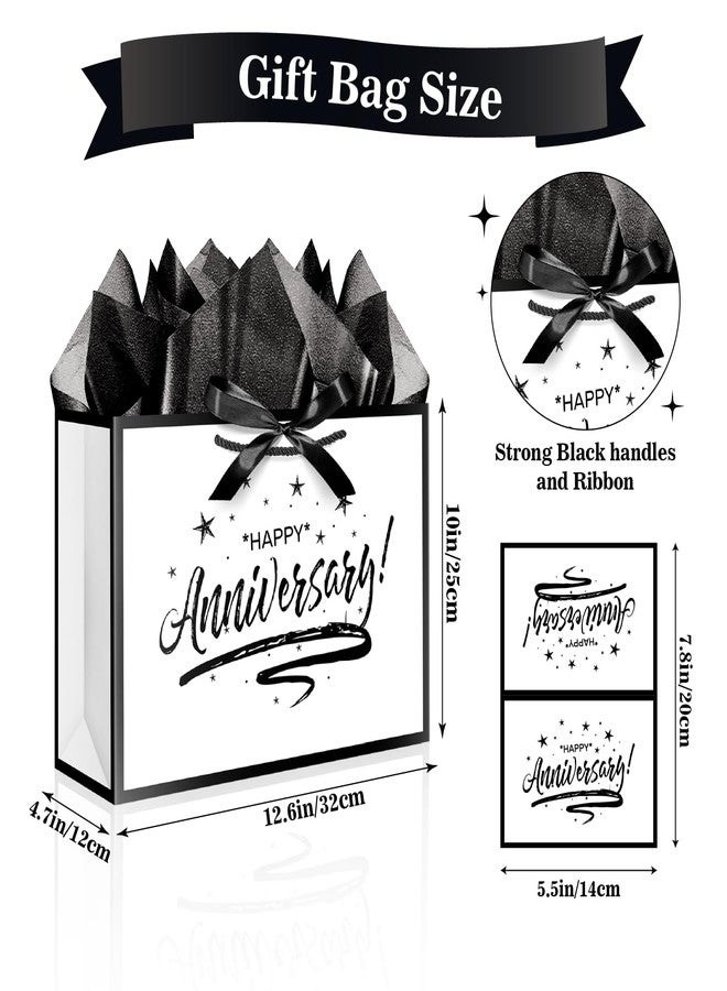 XiaosRen Happy Anniversary Bag with Tissue Papers and Card, White Black Gift Bag with Ribbon for Men Women Anniversary Party Supplies (Star) - Image 2