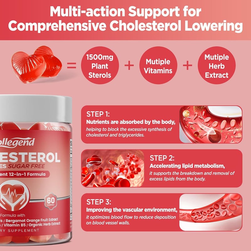 Hollegend 12 في 1 جوميز الكوليسترول خالية من السكر مكملات الكوليسترول مع الستيرولات النباتية 1500 ملغ برغموت الحمضيات CoQ10 والفيتامينات نكهة التوت المختلط 60 مضغوطة - Image 5