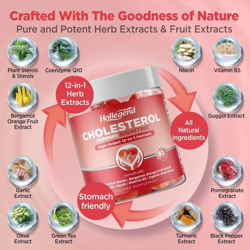 Hollegend 12 في 1 جوميز الكوليسترول خالية من السكر مكملات الكوليسترول مع الستيرولات النباتية 1500 ملغ برغموت الحمضيات CoQ10 والفيتامينات نكهة التوت المختلط 60 مضغوطة - Image 3