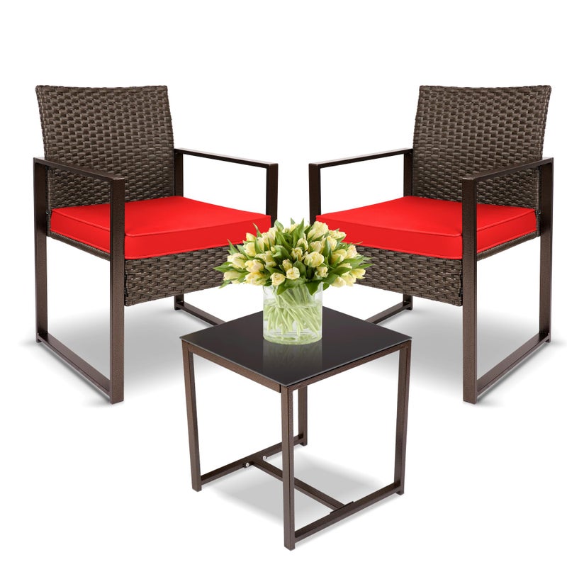 YIYAN مجموعة أثاث خارجي YIYAN مكونة من 3 قطع كراسي من الروطان وطاولة حديقة باللون الرمادي مع وسائد قابلة للغسل