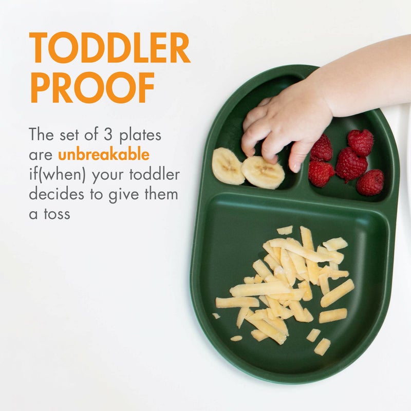 Boon Chow Silicone Plate Set - 3 Unbreakable Divided Toddler Plates - Baby Plates for 6 Months and Up - Baby Led Weaning Supplies - Blue Multicolor - Image 2