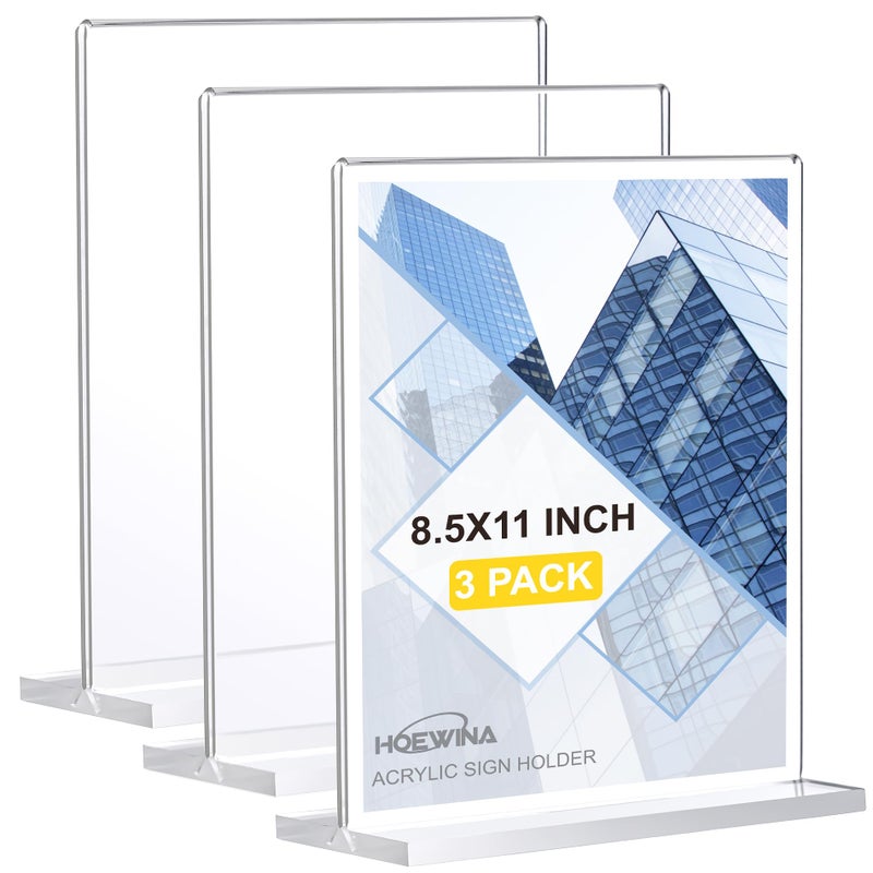 Hoewina Acrylic Sign Holder 8.5 x 11 Inch 3 Pack, Clear Display Sign Stand for Store Sign Holders, Vertical Double Acrylic Stands, Vendor Booth Display Items - Image 1