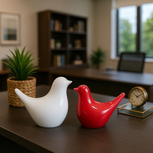 SRJANA Creative White and Red Glossy Ceramic Birds Figurines Home Decorations Accessories Party (Pack of 2, White & Red) - Image 2