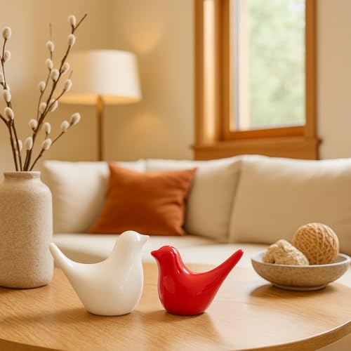 SRJANA Creative White and Red Glossy Ceramic Birds Figurines Home Decorations Accessories Party (Pack of 2, White & Red) - Image 1