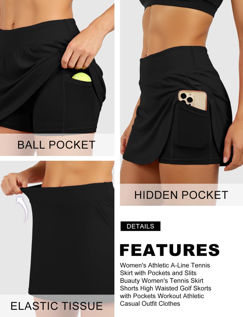 Buauty Women's Tennis Skirt Shorts High Waisted Golf Skorts with Zipper Pockets Workout Athletic Casual Outfit Clothes Black - Image 4