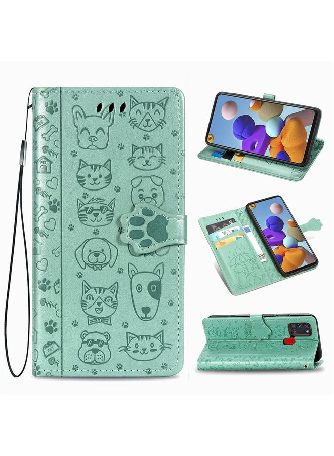 S-TOP Case For Samsung Galaxy A21s Lovely Cat and Dog Embossing Pattern Horizontal Flip Leather Case , with Holder & Card Slots & Wallet & Cartoon Clasp & Lanyard - Image 1