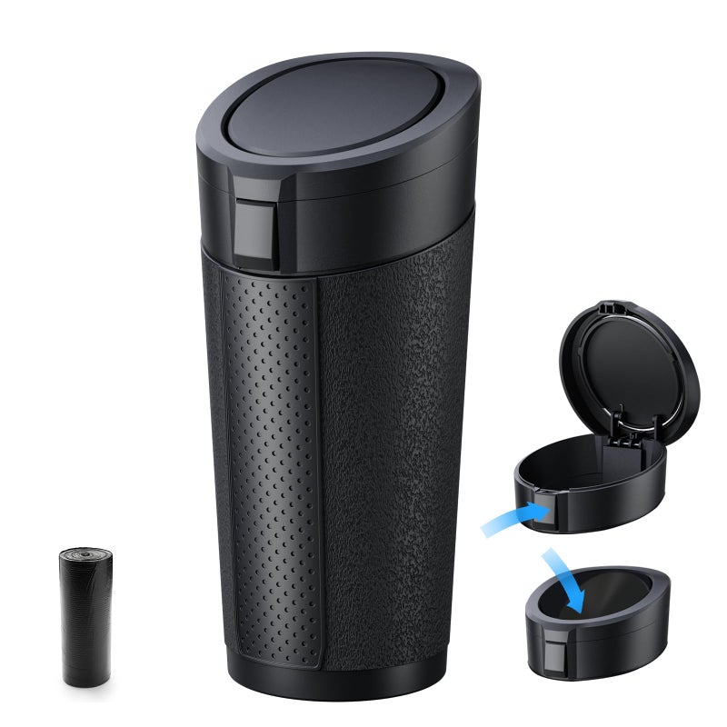 AotoKinMirro Car Cup Holder Trash Can with Lid - Mini Small Auto Garbage Can Bin for Vehicle, Car Door, Back Seat - Leakproof Portable Dustbin (Black) - Image 1