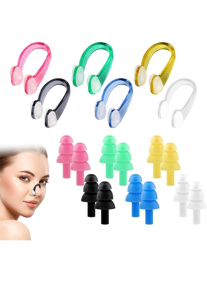 12 Pcs Swimming Nose Clip Swimming Ear Plugs Reusable Waterproof Training Swim Nose Protector Plug Suitable for Children, Adults, Beginners(6 Colors sets) - Image 1