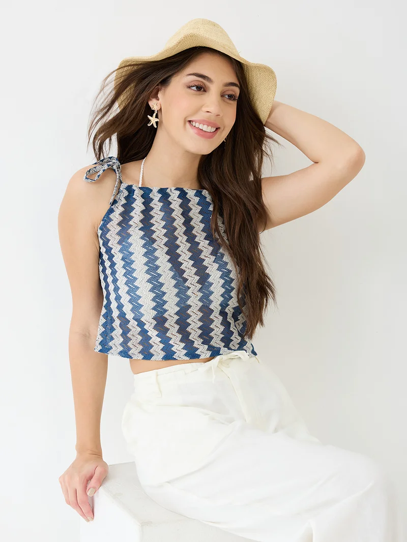 globus Globus Women Blue Tie-up Strappy Sleeve Chevron Pattern Crochet Crop Top