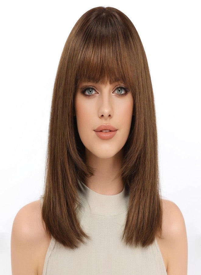 KKU 14 Inch Ombre Brown Layered Straight Human Hair Wig with Bangs, Human Hair Wigs for Women, Wear Natural Realism for Daily Use - Image 1