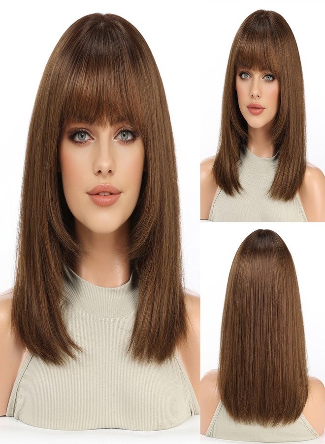 KKU 14 Inch Ombre Brown Layered Straight Human Hair Wig with Bangs, Human Hair Wigs for Women, Wear Natural Realism for Daily Use - Image 3