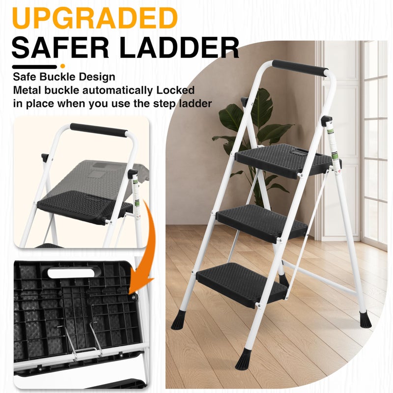 Arbusb 3 Step Ladder, Portable Steel Folding Step Stool with Wide Anti-Slip Pedal & Convenient Handgrip, 500lbs Sturdy Steel Ladder, White - Image 2