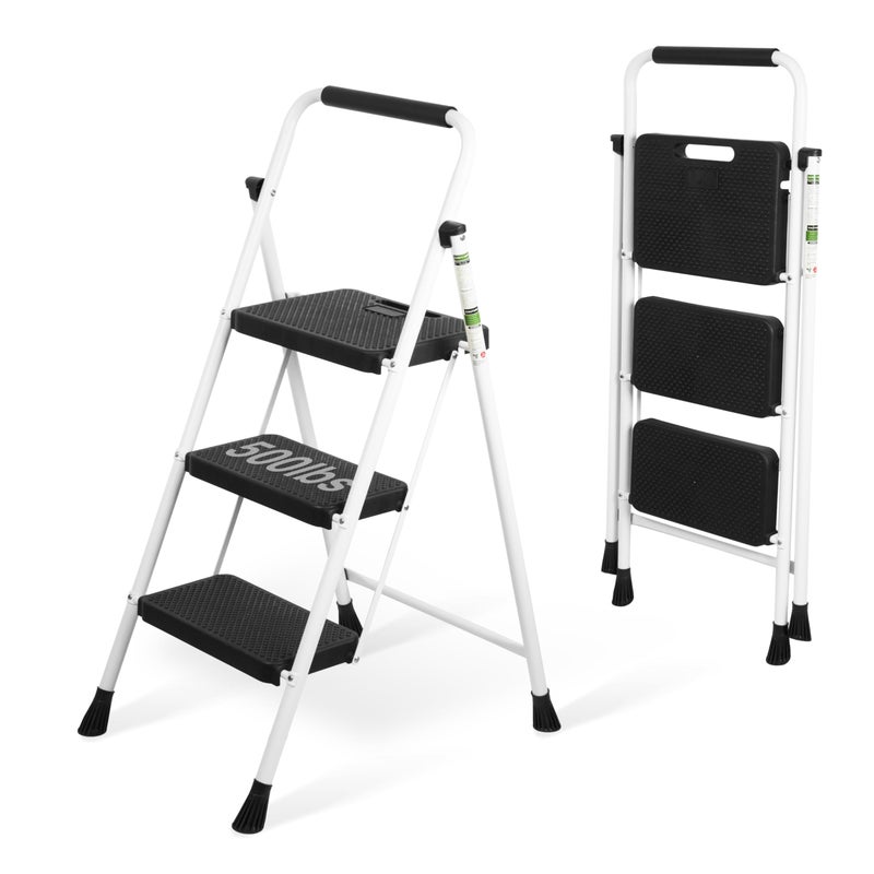 Arbusb 3 Step Ladder, Portable Steel Folding Step Stool with Wide Anti-Slip Pedal & Convenient Handgrip, 500lbs Sturdy Steel Ladder, White - Image 1