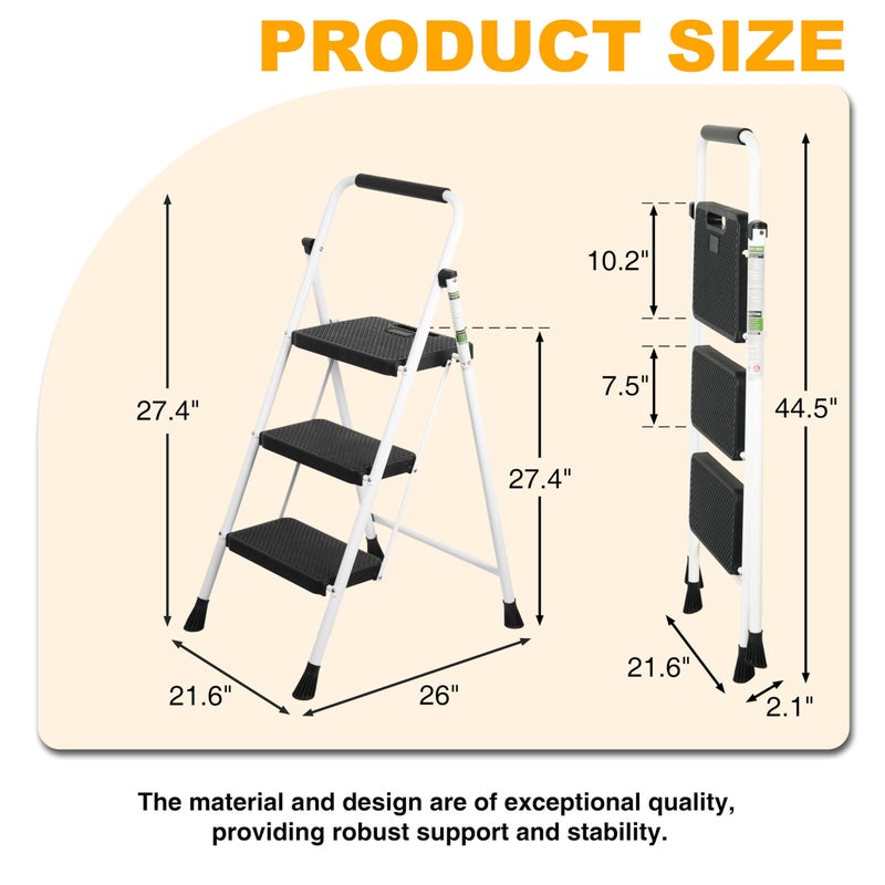 Arbusb 3 Step Ladder, Portable Steel Folding Step Stool with Wide Anti-Slip Pedal & Convenient Handgrip, 500lbs Sturdy Steel Ladder, White - Image 4