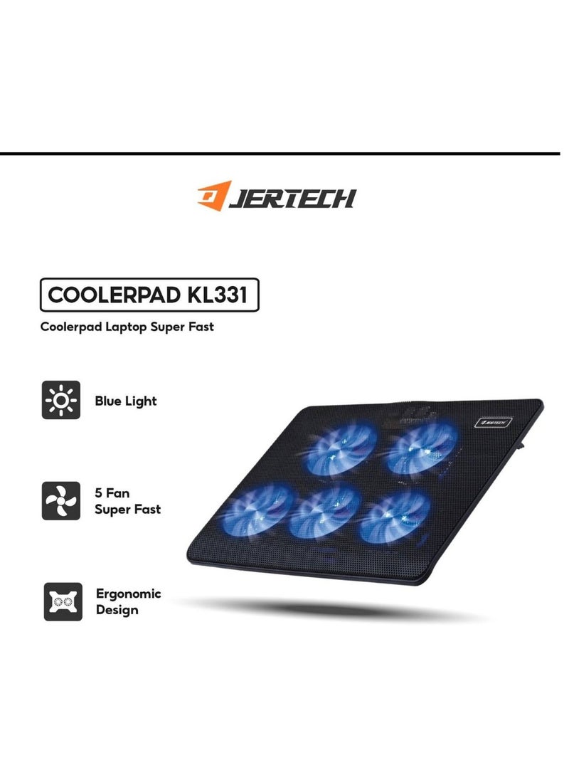 JERTECH - Dual USB Laptop Cooling Fan with Stand and 5 cooling blue fans suitable for 15,6 -17 inch laptops - Image 1
