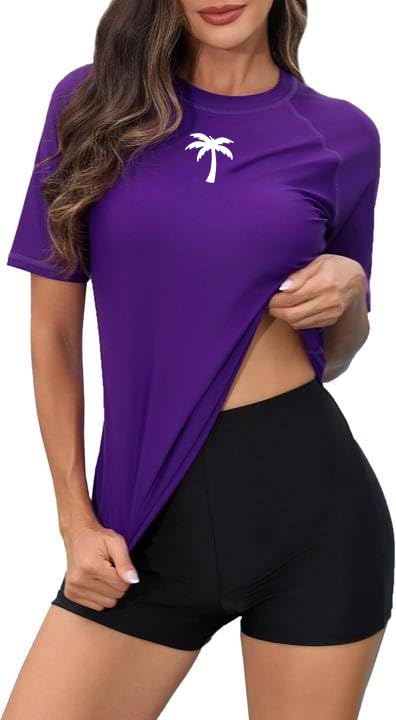 Halcurt Womens Rash Guard with Bra SPF 2 Piece Swimsuit with Bottoms Purple XL