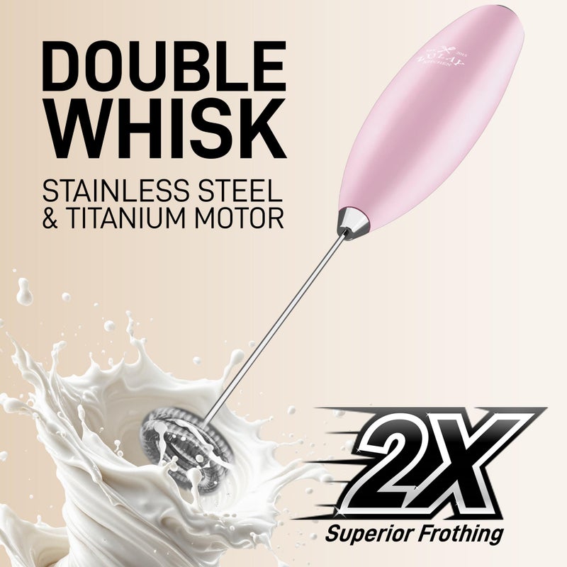Zulay Kitchen Powerful Double Whisk Milk Frother Handheld - Foam Maker With Stand - Whisk Drink Mixer for Coffee, Mini Foamer for Latte, Matcha, Frappe, Hot Chocolate & Cappuccino - Pink - Image 4