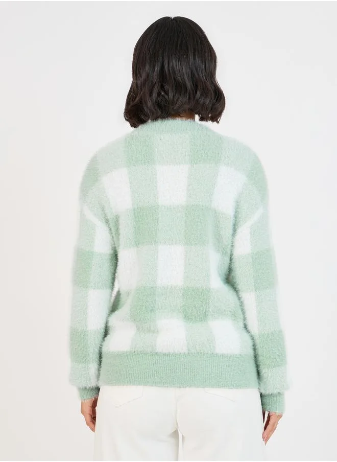 Styli Regular Fit Regular Length Fuzzy Yarn Checked Sweater