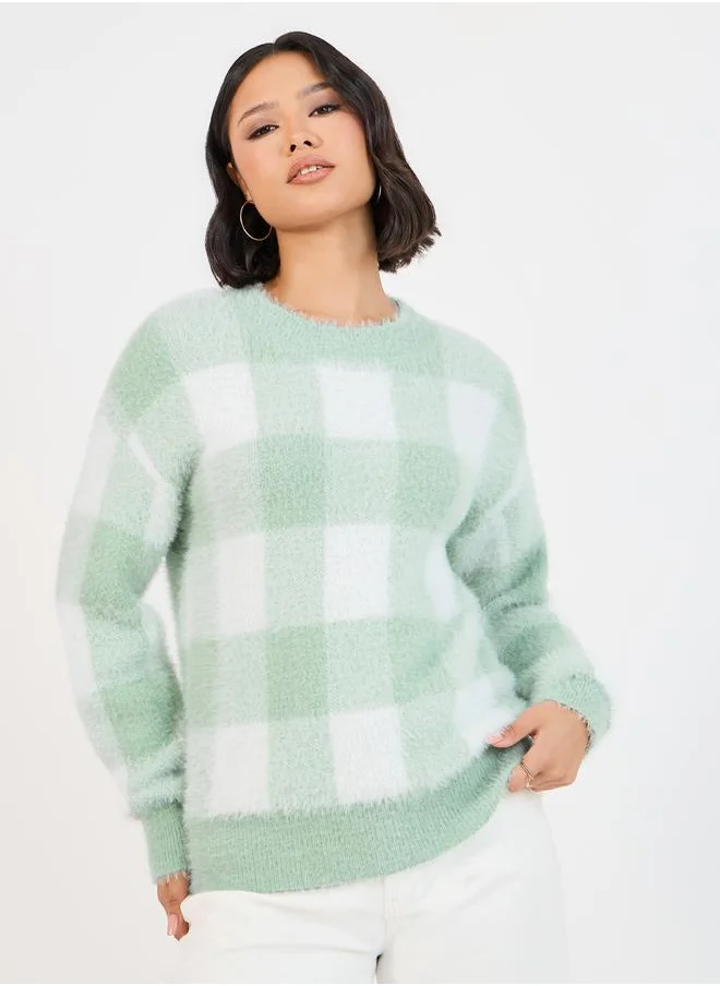 Styli Regular Fit Regular Length Fuzzy Yarn Checked Sweater