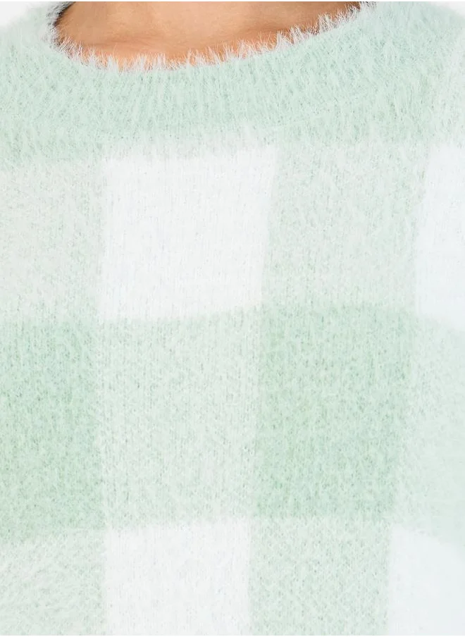 Styli Regular Fit Regular Length Fuzzy Yarn Checked Sweater