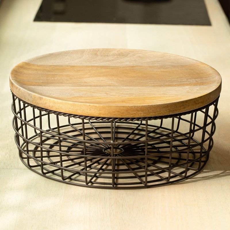 Ellementry Twine Metal Wire Kitchen Vegetable Storage Basket with Wooden Lid, Fruit Basket for Pantry, Countertop Multi-Functional Fruit & Vegetable Organizer for Home & Kitchen Décor - Image 2