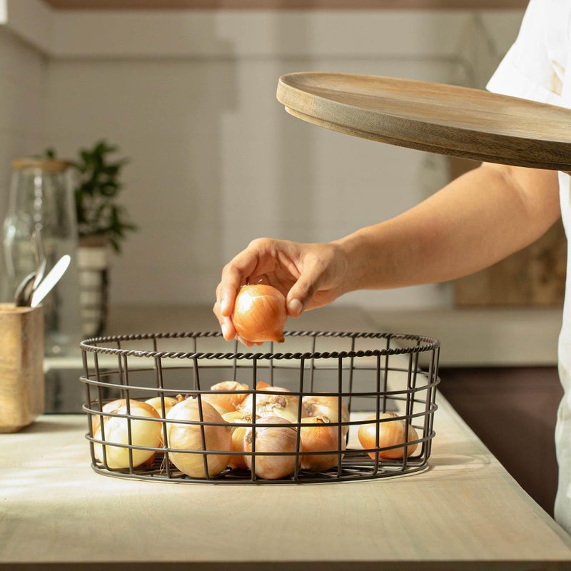 Ellementry Twine Metal Wire Kitchen Vegetable Storage Basket with Wooden Lid, Fruit Basket for Pantry, Countertop Multi-Functional Fruit & Vegetable Organizer for Home & Kitchen Décor - Image 3