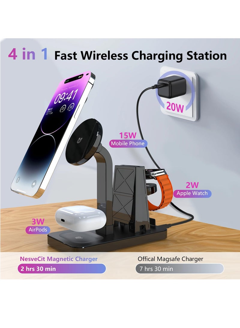 KASTWAVE 4 in 1 Wireless Charging Station & 20W Charger, Fast Magnetic Mag-Safe Charger Stand for Apple Products iPhone 15 14 13 12 Series, AirPods 2/3/Pro, iWatch Ultra/8/7/SE/6/5/4/3/2, iPad Stand Dock - Image 4
