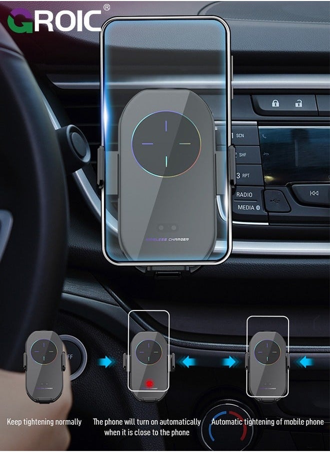 GROIC Wireless Car Charger Phone Mount, auto Clamping arms, Holder 15W, for I phone15,14,13,12,Galaxy s23,22,21,20 with Magnetic Port Chargers, Safe air Vent Connection, Compatible Thick Cases  - Image 3