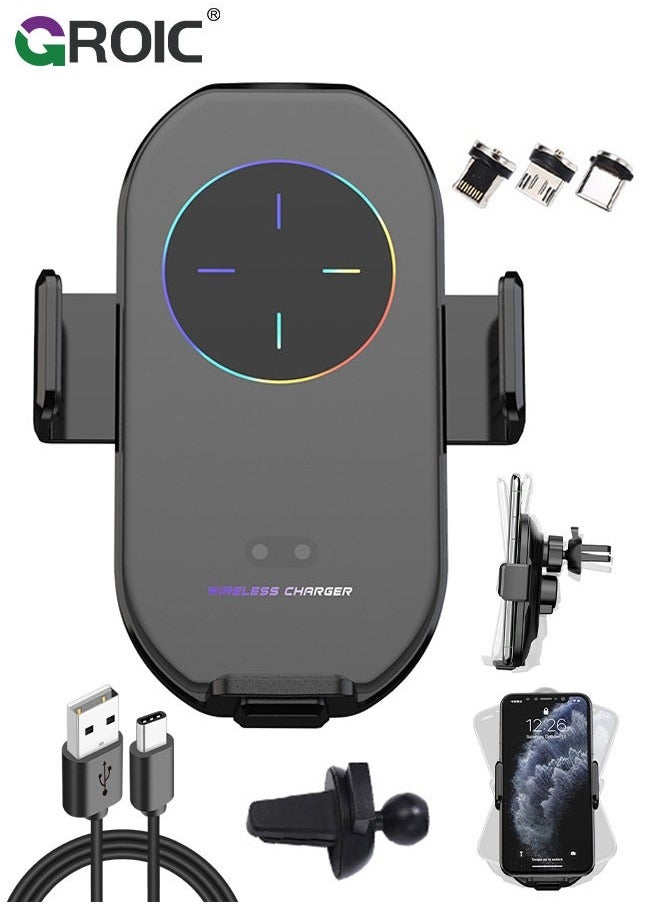 GROIC Wireless Car Charger Phone Mount, auto Clamping arms, Holder 15W, for I phone15,14,13,12,Galaxy s23,22,21,20 with Magnetic Port Chargers, Safe air Vent Connection, Compatible Thick Cases  - Image 1
