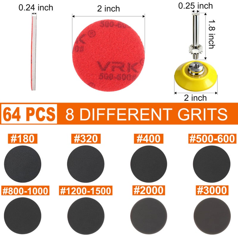 VRKET 64 PCS 2 Inch Sanding Disc Pad,Hook and Loop Sanding Pads 180 to 3000 Wet Dry Sponge Sandpaper with 1/4â€ Shank for Drill Sanding Grinder Rotary Tools Curved Surface Polishing and Sanding - Image 2
