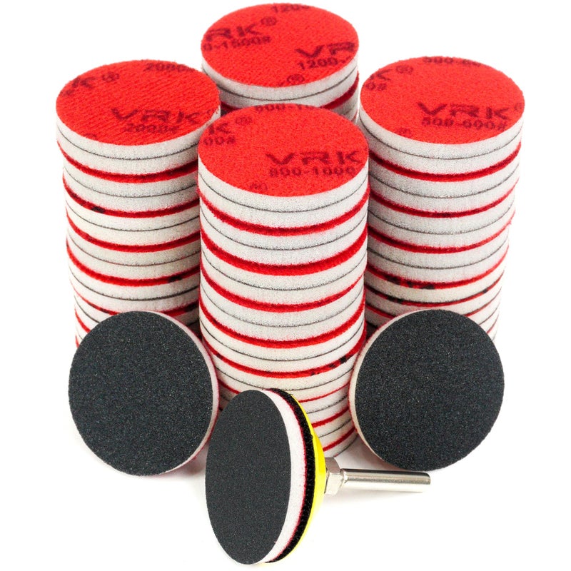 VRKET 64 PCS 2 Inch Sanding Disc Pad,Hook and Loop Sanding Pads 180 to 3000 Wet Dry Sponge Sandpaper with 1/4â€ Shank for Drill Sanding Grinder Rotary Tools Curved Surface Polishing and Sanding - Image 1