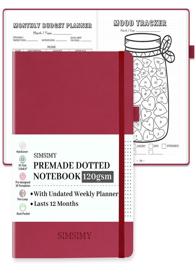 SIMSIMY Premade Dotted Journal Notebook, Pre-made Dot Grid Notebook with Undated Weekly & Monthly Planner, Trackers, Bullet Templates - 12 Months Organization, 237 Numbered Pages A5 Hardcover Leather - Image 1