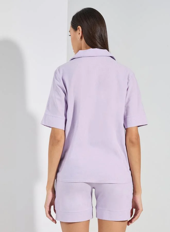 ستايلي Cotton Linen Solid Button Through Shirt & Shorts Set