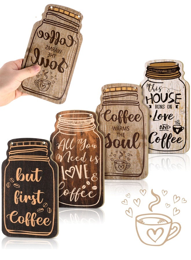 4Pcs Farmhouse Fall Coffee Bar Wood Signs Wall Hanging Plaque Mason Jar Table Decor for Kitchen Office (Classic Style) - Image 1