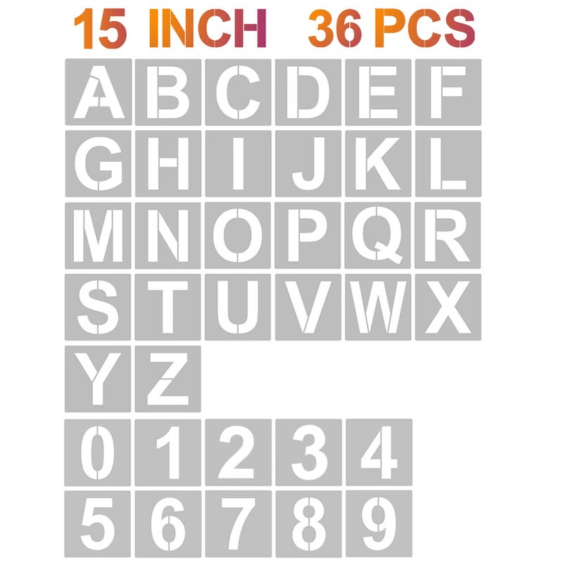 YEAJON 15 Inch Letter Stencils and Numbers 36 Pcs Alphabet Art Craft Stencils Reusable Plastic Templates for Wood Wall Fabric Rock Signage 15 Inch