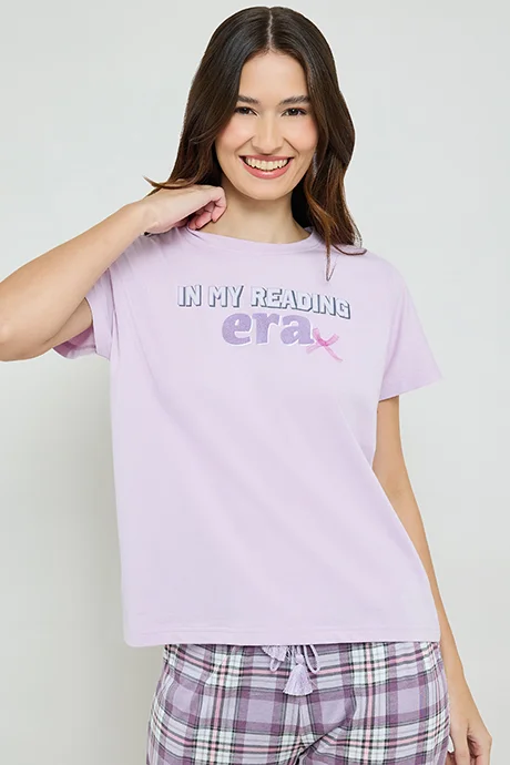 R&B Printed Sleep Top with Crew Neck and Short Sleeves