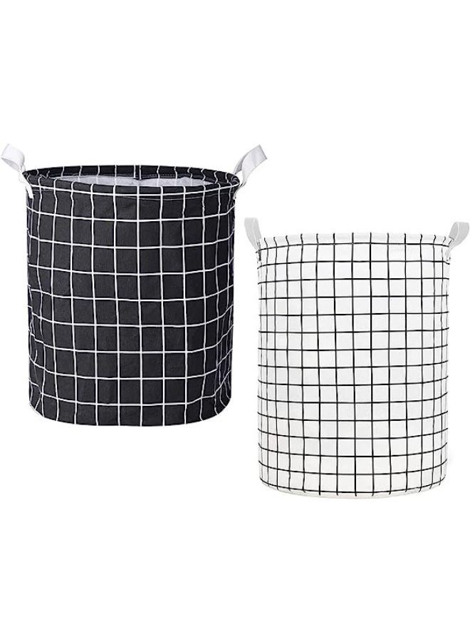 Laundry Basket, 2PCS Waterproof Canvas Fabric Collapsible Laundry Baskets with Handles Dirty Clothes Storage Bin Toy Organizer for Bathroom, Children Bedroom (White & Black Grid) - Image 1