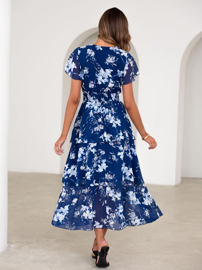 Simplee Women Floral Summer Maxi Dress Boho Flowy Ruffle Tiered Short Sleeves V Neck Long Wedding Guest Dresses Navy Floral XL - Image 4