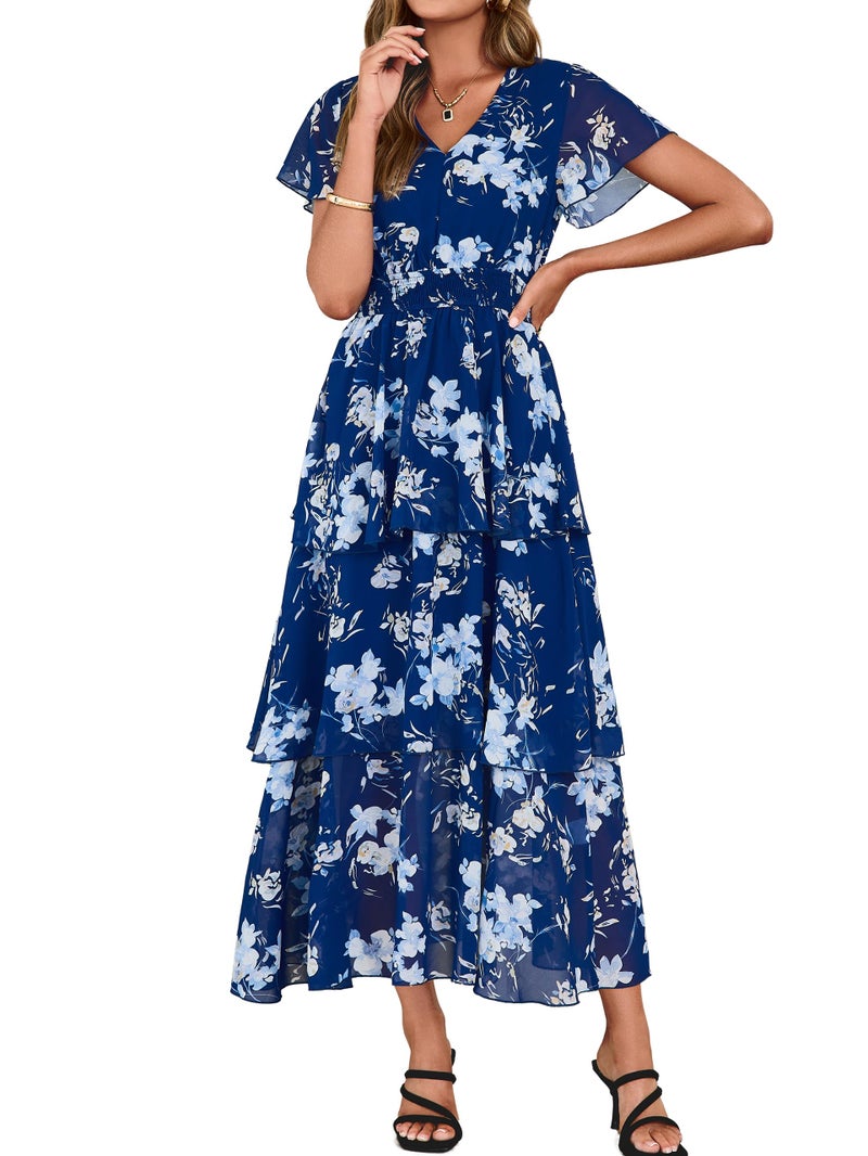 Simplee Women Floral Summer Maxi Dress Boho Flowy Ruffle Tiered Short Sleeves V Neck Long Wedding Guest Dresses Navy Floral XL - Image 1