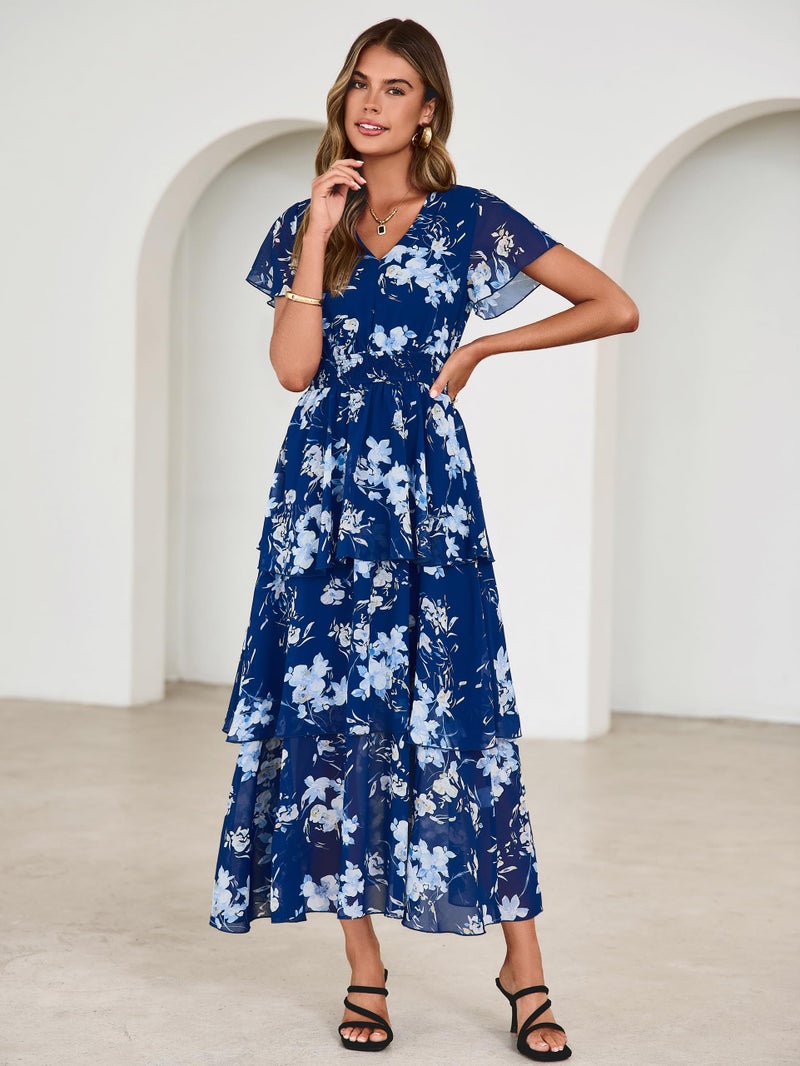 Simplee Women Floral Summer Maxi Dress Boho Flowy Ruffle Tiered Short Sleeves V Neck Long Wedding Guest Dresses Navy Floral XL - Image 2