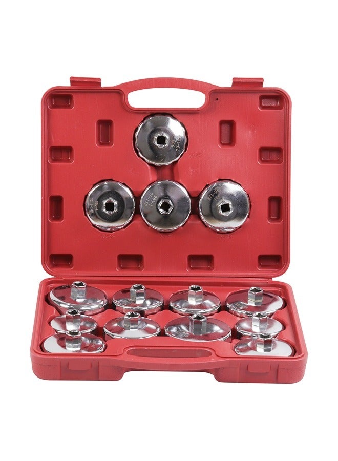 LAWAZIM Oil Filter Wrench -14 Piece Chrome- Nickel Chromium Iron Cap-Style Tool Kit for Oil Filter Removal & Installation for 65-93mm Filters 14P/12R Flutes Square Shank Includes Plastic Carrying Case  - Image 1