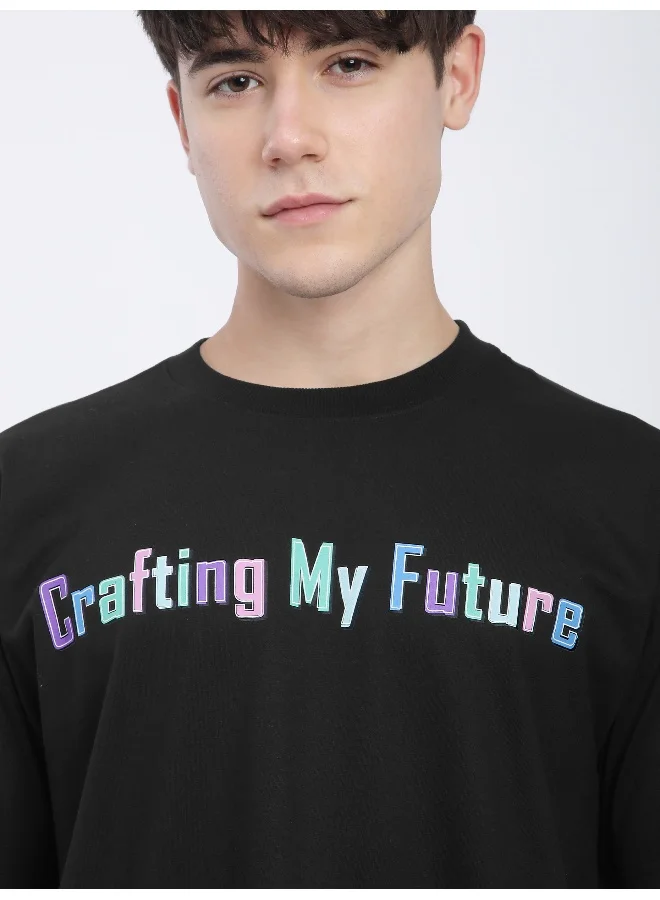 Beyoung Black Typography Printed Oversized T-Shirt