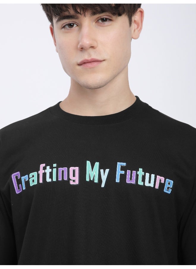Black Typography Printed Oversized T-Shirt