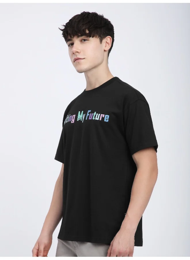 Beyoung Black Typography Printed Oversized T-Shirt