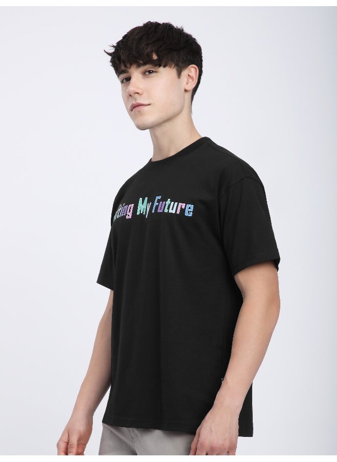 Black Typography Printed Oversized T-Shirt