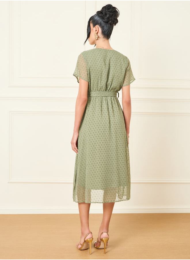 Styli Swiss Dobby Self Tie Up A-Line Midi Dress  - Image 4