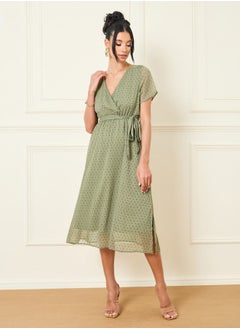 Styli Swiss Dobby Self Tie Up A-Line Midi Dress  - Image 1