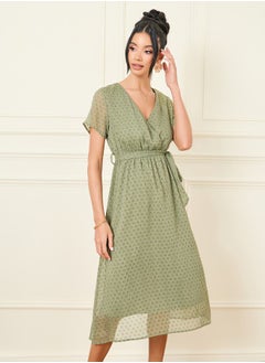 Styli Swiss Dobby Self Tie Up A-Line Midi Dress  - Image 2